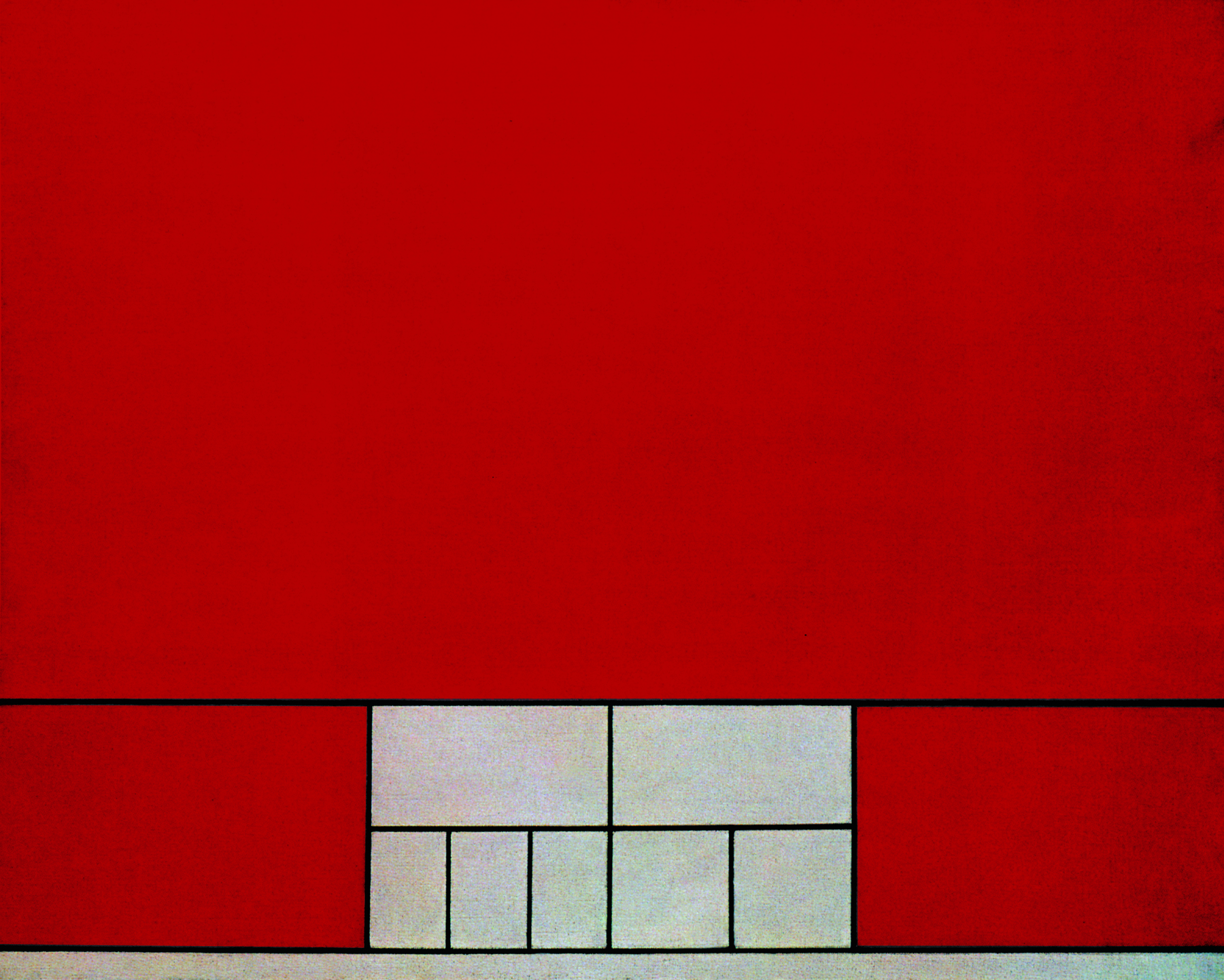 Pintura. Retângulo dividido em outros retângulos menores. Um retângulo em vermelho na parte superior. Na parte inferior, dois retângulos em vermelho nos lados, e entre eles, dois retângulos em cinza, divididos em 4 outros retângulos cada um.
