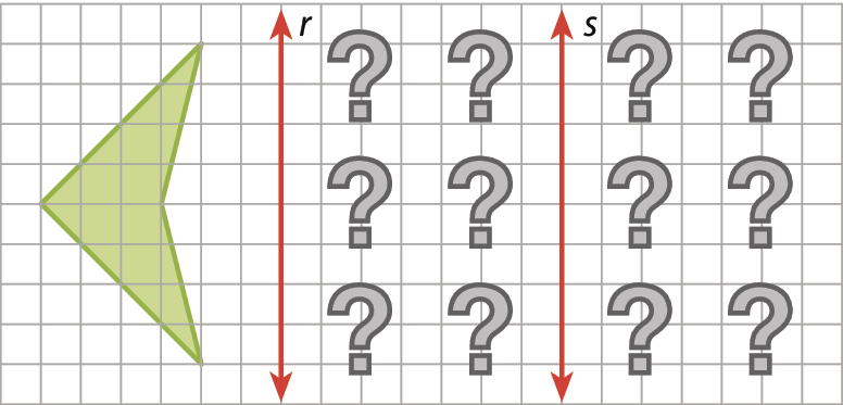 Ilustração. Malha quadriculada com figura que lembra uma ponta de seta voltada para a esquerda. Do lado direito da figura, reta vertical r. Do lado direito de r, seis pontos de interrogação. Do lado direito dos pontos de interrogação, reta vertical s. Do lado direito de s, seis pontos de interrogação.