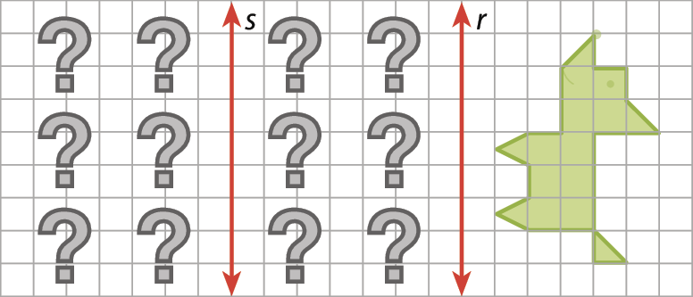 Ilustração. Malha quadriculada. Seis pontos de interrogação. Do lado direito dos pontos de interrogação, reta vertical s. Do lado direito de s, seis pontos de interrogação. Do lado direito dos pontos de interrogação, reta vertical r. Do lado direito de r, figura verde composta por 10 quadrados e 5 triângulos.