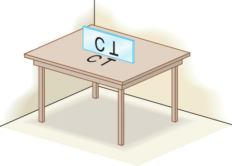 Ilustração. Mesa com as letras CT escritas nela. Atrás das palavras há um espelho perpendicular a mesa com as letras refletidas ao contrário.