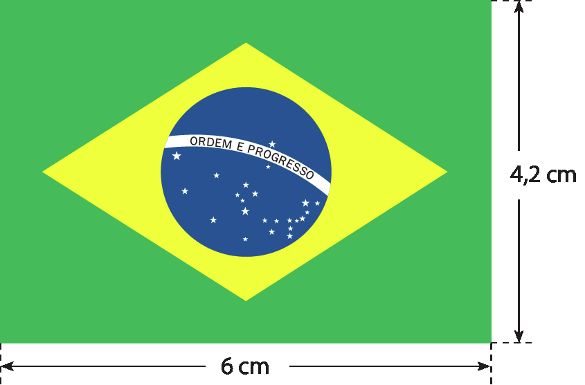 Ilustração. Bandeira do Brasil. As medidas são: 6 centímetros de comprimento por 4,2 centímetros de altura.