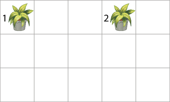 Ilustração. Malha quadriculada composta por três linhas e 5 colunas. No primeiro quadradinho da primeira linha, vaso de número 1 com planta. No quarto quadradinho da primeira linha, vaso de número 2 com planta.