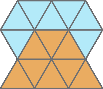 Ilustração. 
Figura composta por 7 triângulos azuis acima e 8 triângulos laranjas abaixo.