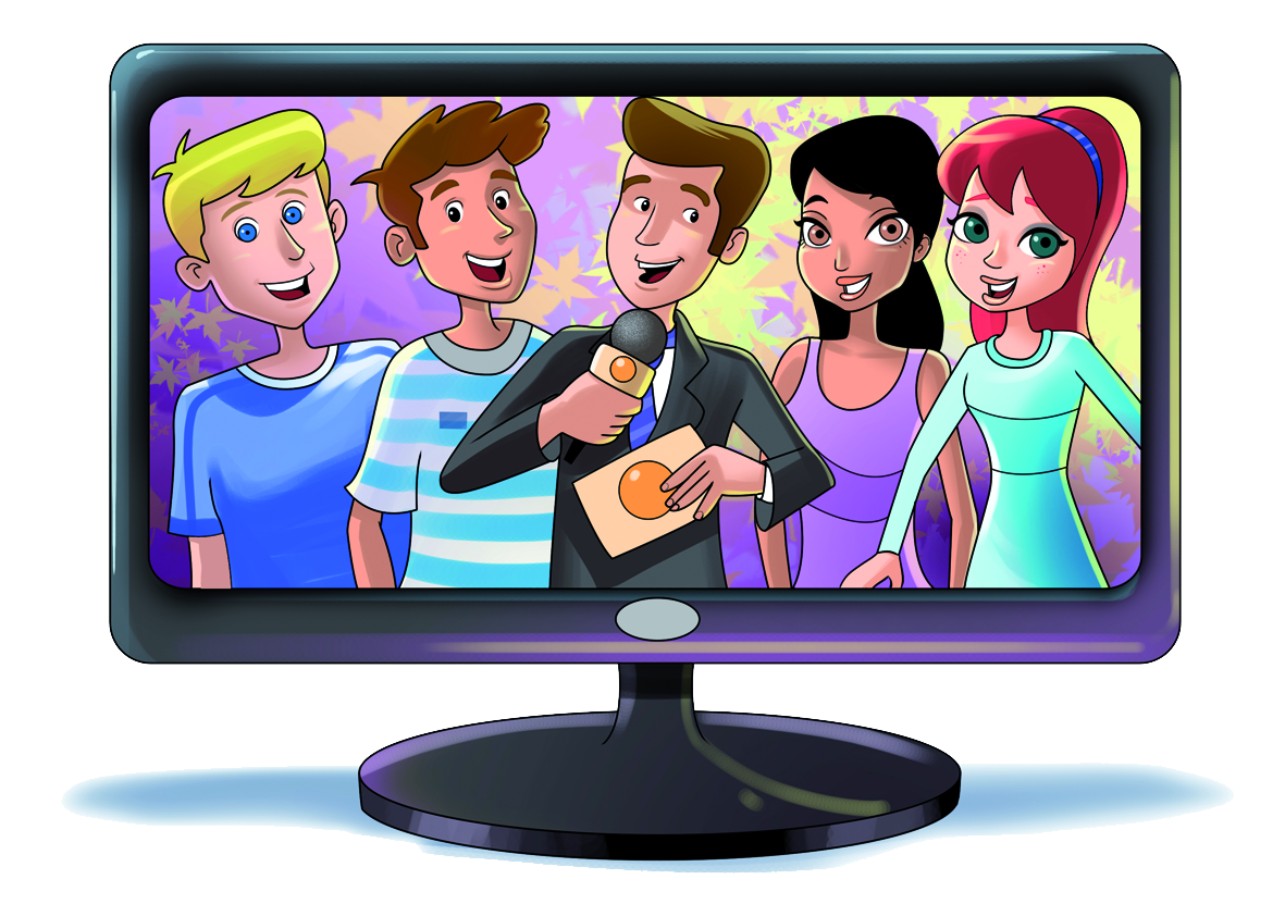 Ilustração.  Televisor com um apresentador de terno segurando microfone. Atrás dele, dois garotos à esquerda e duas garotas à direita.