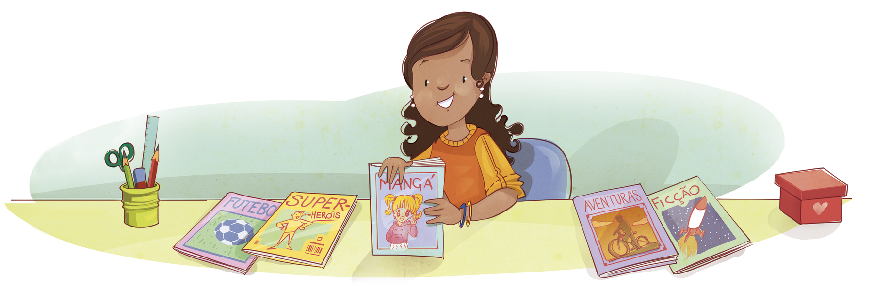Ilustração.  Menina de cabelo castanho e blusa laranja segura um gibi na vertical. À esquerda e direita, dois gibis de cada lado.