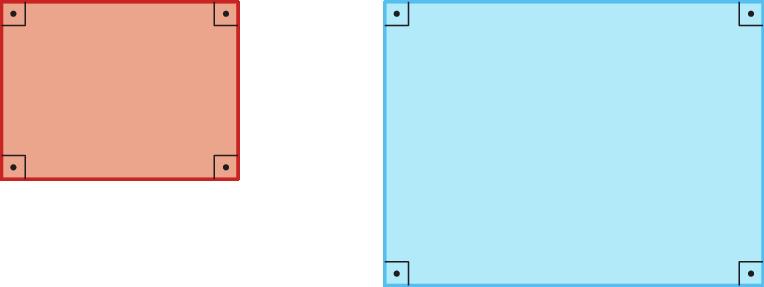 Ilustração.  Retângulo vermelho. Ao lado, retângulo azul maior. Com marcações de ângulo de 90 graus em seus vértices.