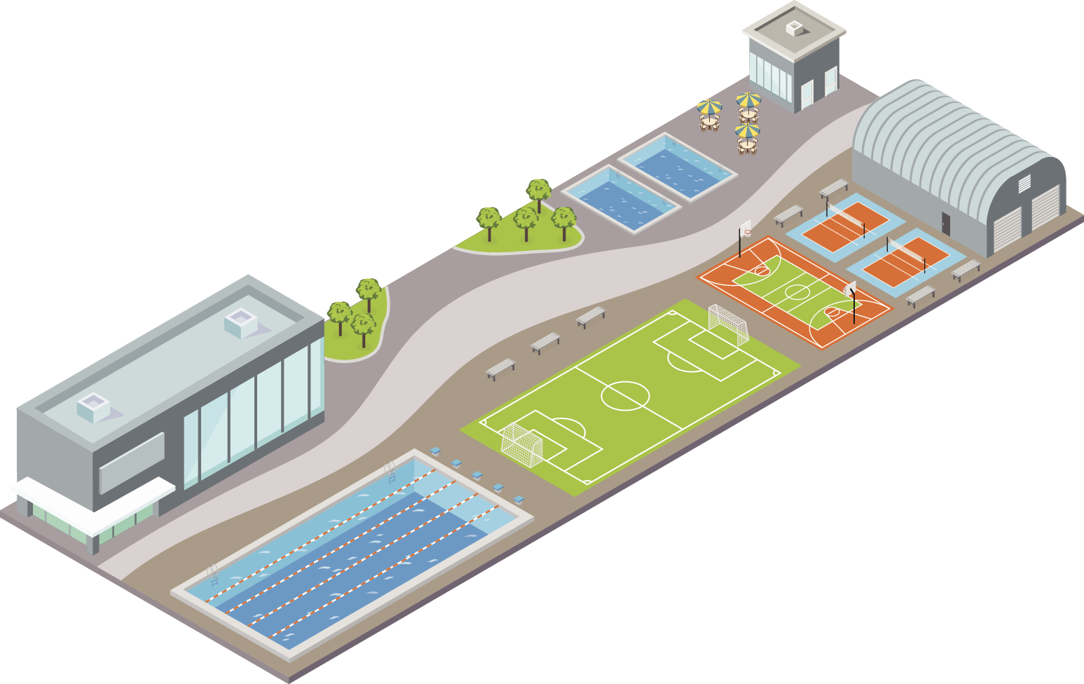 Ilustração.  Vista de cima de maquete. À esquerda, construção e piscina retangular. No centro, quadra de futebol. À direita, quadra de basquete, quadras de vôlei, duas piscinas e construções.