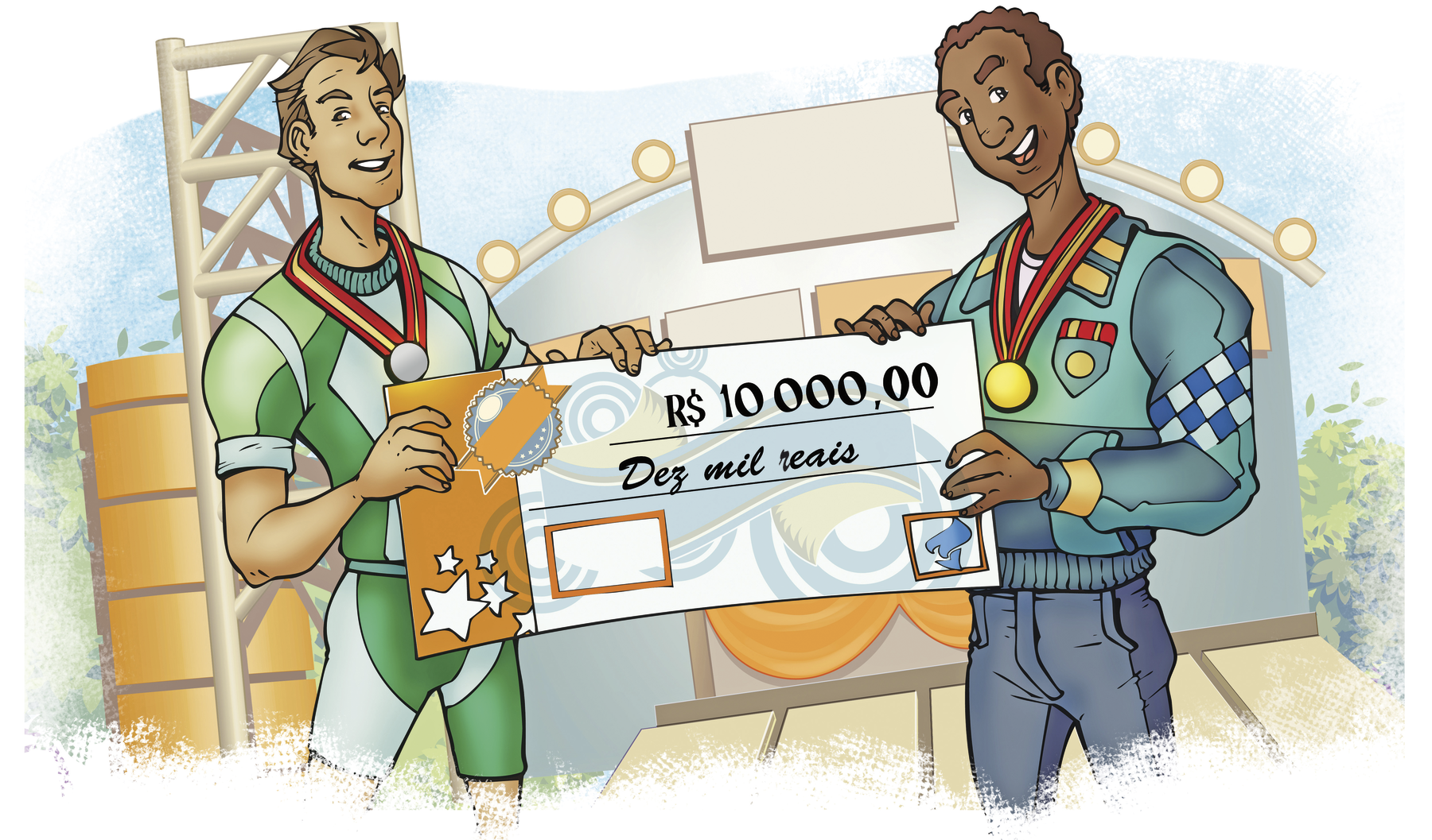 Ilustração.  Dois atletas, um com roupa verde e outro com roupa azul, com medalha no pescoço. Eles seguram um cheque no valor de 10 mil reais.