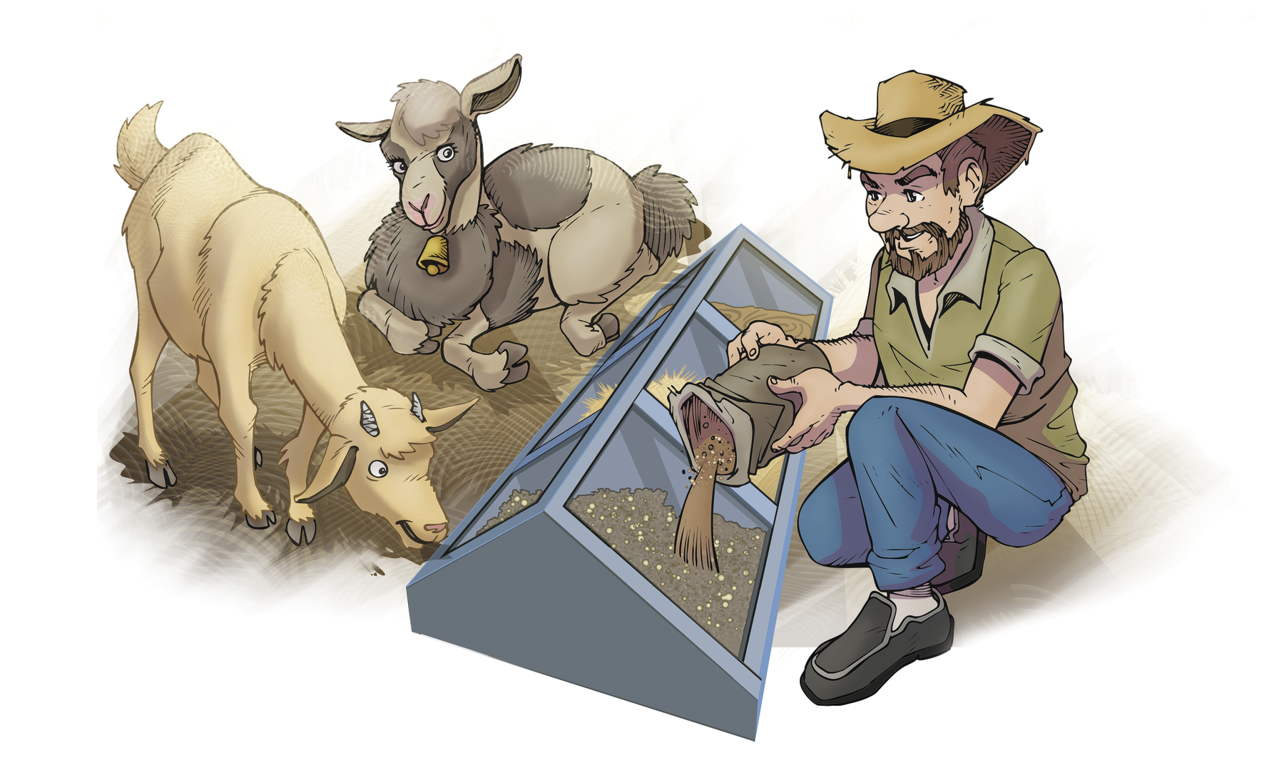 Ilustração. 
À esquerda, duas cabras. Ao lado, homem coloca semente de soja em recipiente no chão.