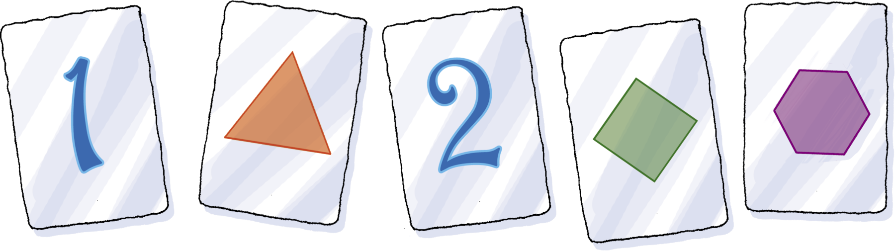 Ilustração.  Cinco cartões contendo número ou figura.  Primeiro cartão: 1 Segundo cartão: triângulo laranja Terceiro cartão: 2 Quarto cartão:  losango verde, Quinto cartão: hexágono roxo.
