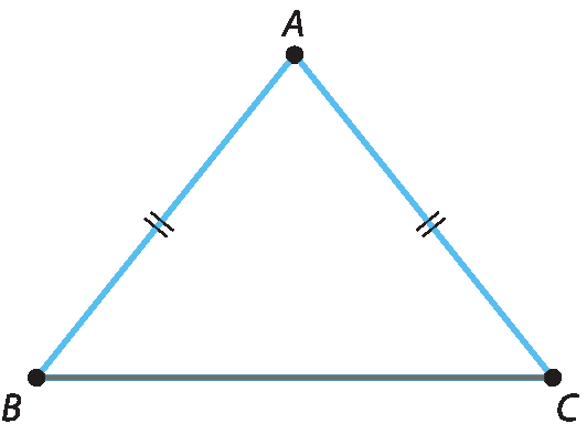 Ilustração. 
Triângulo A B C com dois lados de mesma medida indicados.