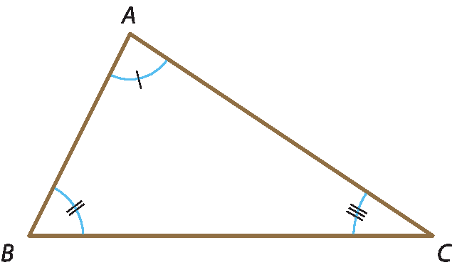 Ilustração. 
Triângulo A B C com três ângulos internos de medidas diferentes.