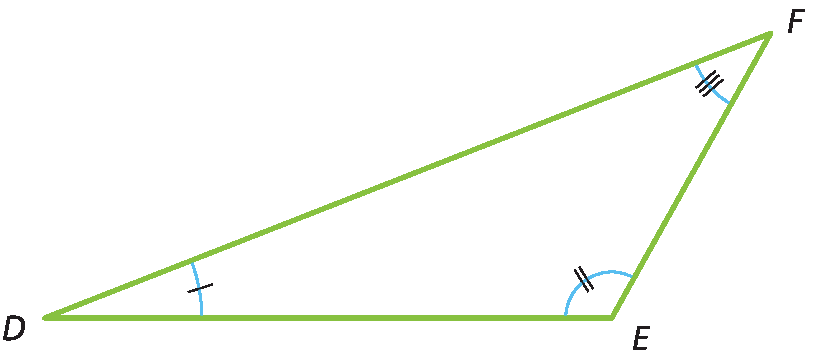 Ilustração. Triângulo D E F com três ângulos internos com medidas diferentes.