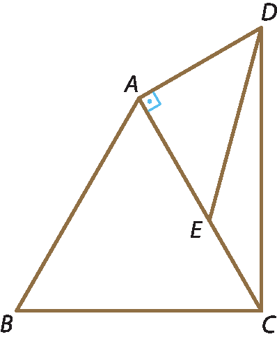Ilustração.  Quadriláterp composto de 3 triângulos. Triângulo A B C. Triângulo A D E Triângulo C D E.   Ponto E está no segmento A C.