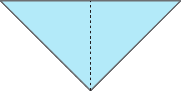 Ilustração. Triângulo médio com dois lados com a mesma medida e uma base maior. A base está para cima e uma linha tracejada divide a forma ao meio, dando origem a dois triângulos menores, congruentes.
