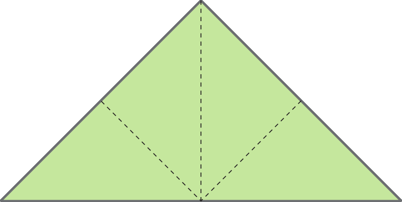 Ilustração. Triângulo maior dividido em quatro triângulos menores congruentes, por três linhas tracejadas que saem do centro de sua base.