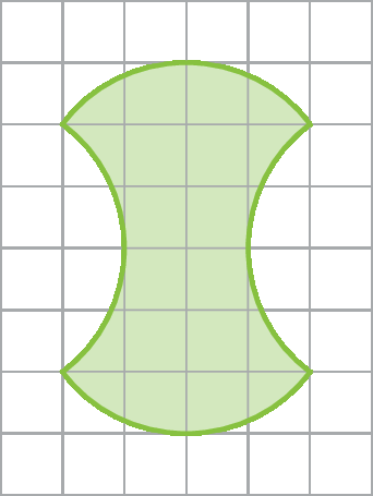 Ilustração. Malha quadriculada com figura verde com as extremidades arredondadas. A figura ocupa 12 quadradinhos inteiros e, aproximadamente, 8 metades de quadradinhos.