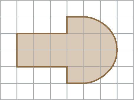 Ilustração. Malha quadriculada com figura marrom, composta por uma parte retangular e uma parte arredondada. A figura é formada por: um retângulo de 2 por 3 quadradinhos; à direita, uma coluna com 4 quadradinhos; e, então, a parte arredondada com mais 2 quadradinhos inteiros e 6 partes que são aproximadamente metade de quadradinhos.