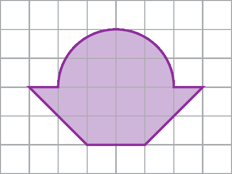 Ilustração. Malha quadriculada com figura roxa com a parte superior arredondada, semelhante à silhueta de uma porção de sorvete. A parte de baixo é um trapézio com base menor virada para baixo, que ocupa 6 quadradinhos inteiros e 4 metades de quadradinhos. A parte de cima é um meio círculo de raio correspondente a 2 quadradinhos.