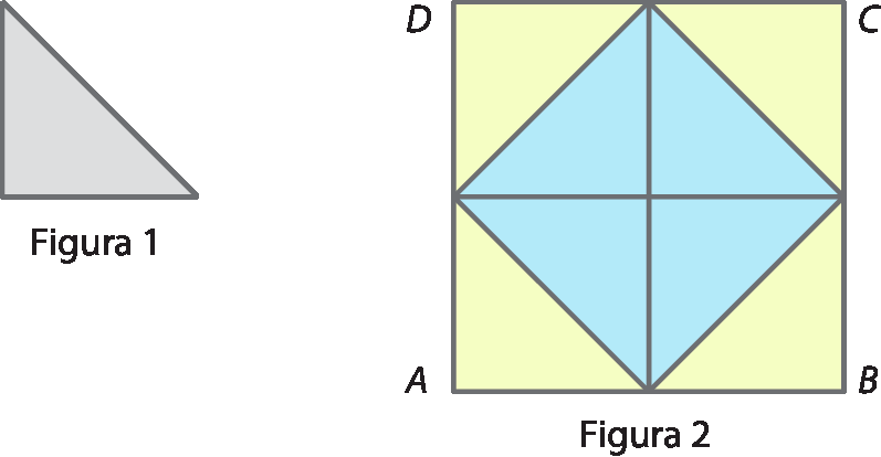 Ilustração. Figura 1. Triângulo retângulo com medidas da base e da altura iguais. Ilustração. Figura 2. Diversas cópias do triângulo da Figura 1, formando um quadrado amarelo ABCD e um losango azul com vértices nos pontos médios dos lados de ABCD.