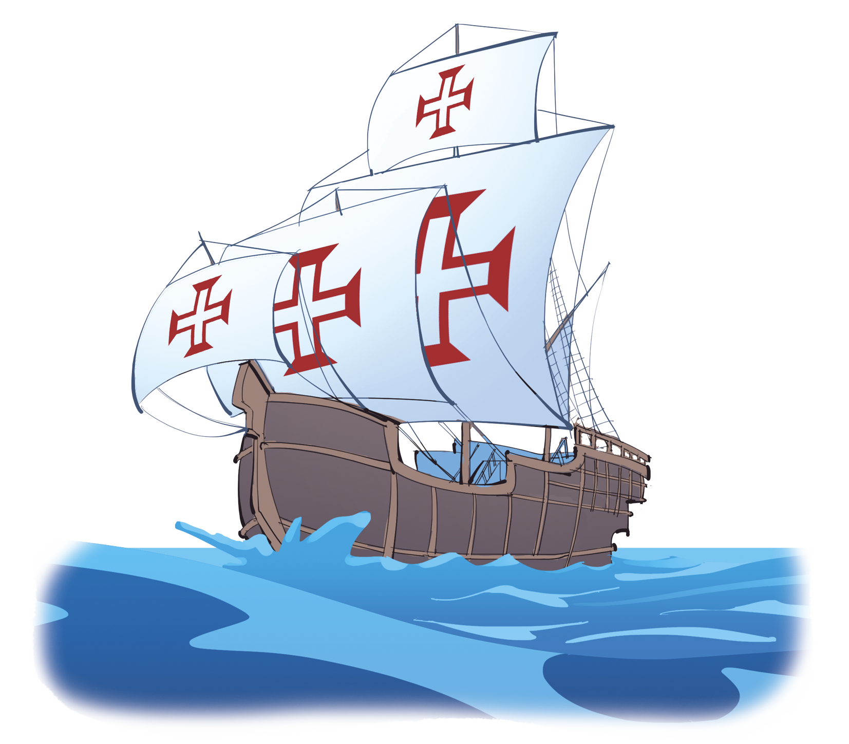 Ilustração. Barco de madeira com velas brancas estendidas e estampadas com uma cruz vermelha. Ele está no mar.