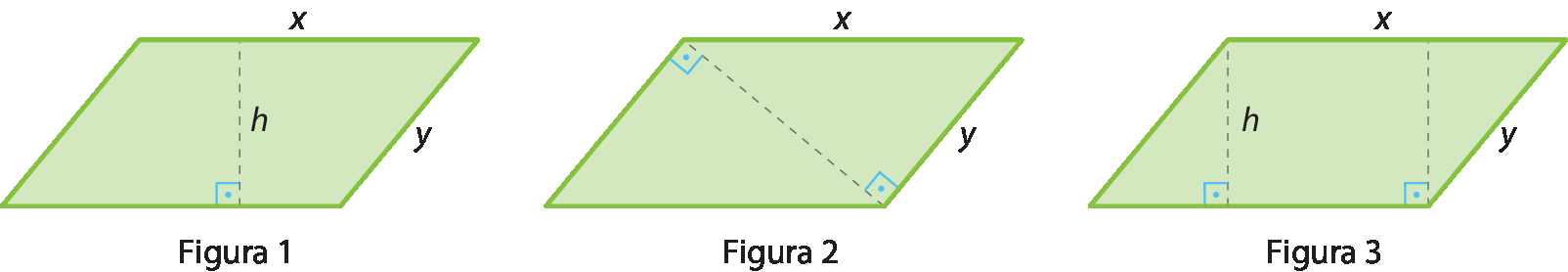 Ilustração. Figura 1. Paralelogramo de lados medindo x e y, dividido ao meio, na vertical por uma linha tracejada indicando h. Destaque para o ângulo reto entre o lado inferior e a linha tracejada.
 
Ilustração. Figura 2. Paralelogramo de lados x e y, dividido ao meio com linha tracejada pela diagonal menor. Destaque para os ângulos retos formados entre a diagonal e o lado menor.
 
Ilustração. Figura 3. Paralelogramo de lados medindo x e y,  dividido com linhas tracejadas por duas alturas com indicação h. Destaque para os ângulos retos das linhas tracejadas com o lado inferior.