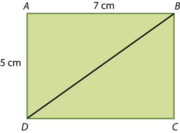 Ilustração. Retângulo ABCD com diagonal BD. A medida de AD é 5 centímetros e a de AB 7 é centímetros.