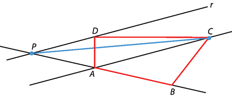 Ilustração. Quadrilátero qualquer ABCD. Uma reta passando por AC e uma reta r, paralela à anterior, passando por D.
Reta passando por A e B, determinando o ponto P no encontro de reta r com reta sobre AB. Segmento PC destacado em azul.