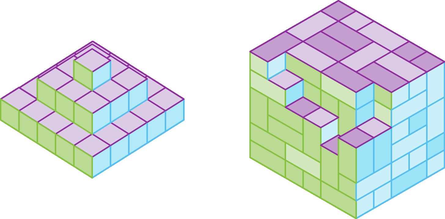 Ilustração. Dois sólidos compostos por diversos paralelepípedos. 
À direita. Sólido composto por pequenos paralelepípedos de dimensões 1 por 1 por 2. No sólido, faltam 6 pequenos paralelepípedos para completar um grande paralelepípedo de dimensões 6 por 5 por 6.
À esquerda. Sólido composto por pequenos cubos de aresta 1, formado por 3 camadas: primeira camada, paralelepípedo de dimensões 5 por 5 e altura 1; segunda camada, paralelepípedo de dimensões 3 por 3 e altura 1; e terceira camada contendo apenas um cubinho.
