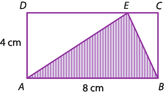 Ilustração. Retângulo ABCD. Medida de AD é 4 centímetros e medida de AB é 8 centímetros. Dentro, E é um ponto qualquer no segmento CD e o triângulo ABE está destacado em roxo.