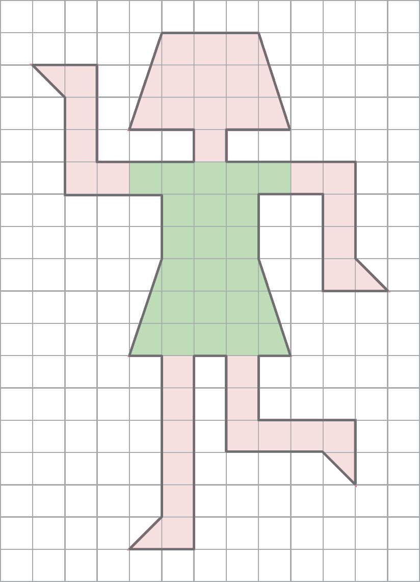 Ilustração. Malha quadriculada com o desenho de uma pessoa de vestido verde com os braços para o lado e uma das pernas levantadas. O desenho é composto por 52 quadradinhos, 4 metades de um quadradinho e 12 partes que equivalem a aproximadamente 6 quadradinhos.