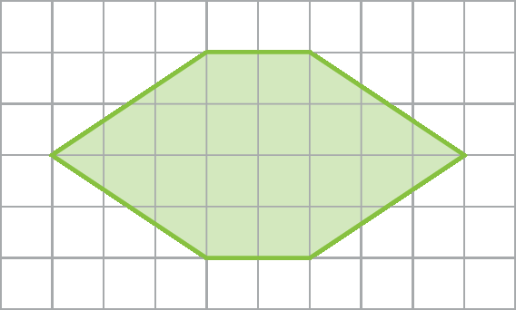 Ilustração. Malha quadriculada com figura verde composta por 12 quadradinhos inteiros e 15 partes que equivalem a aproximadamente oito quadradinhos.