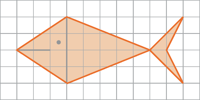 Ilustração. Malha quadriculada com uma figura geométrica em formato de peixe laranja, composto por 6 quadradinhos e 25 partes que equivalem a aproximadamente 12 quadradinhos.