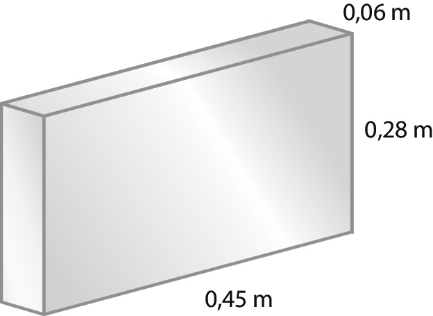 Ilustração. Bloco retangular com cor metálica, indicando as medidas: 0,45 metro de comprimento, 0,28 metro de altura, e 0,06 metro de largura.