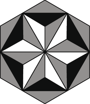 Ilustração. Hexágono decorado estilo mandala. Composto por diversos triângulos congruentes nas cores cinza, branco e preto. De fora para dentro: uma camada com 6 triângulos cinzas, uma camada com 6 triângulos pretos formando um outro hexágono. No interior, uma estrela de seis pontas, onde cada ponta é formada por um triângulo cinza e por um triângulo branco unidos.
