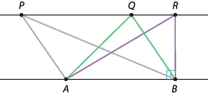 Ilustração. Duas retas paralelas. Na reta superior, pontos P, Q e R. Na reta inferior, pontos A e B. O segmento RB é perpendicular à reta inferior, com indicação de ângulo reto no ângulo ABR. Segmentos de A até R e de R até B, em roxo. Segmentos de P até A e de P até B, em cinza. Segmentos de Q até A e de Q até B em verde.