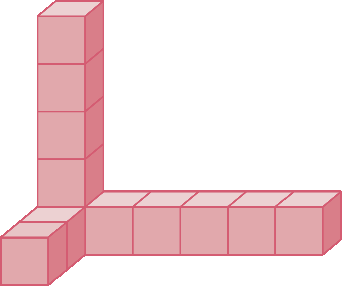 Esquema. Figura composta por 3 fileiras de cubos dispostos nas direções vertical, horizontal e para a frente da imagem. A fileira vertical contém 5 cubos, a horizontal contém 6 cubos, e a fileira para a frente da imagem contém 3 cubos.