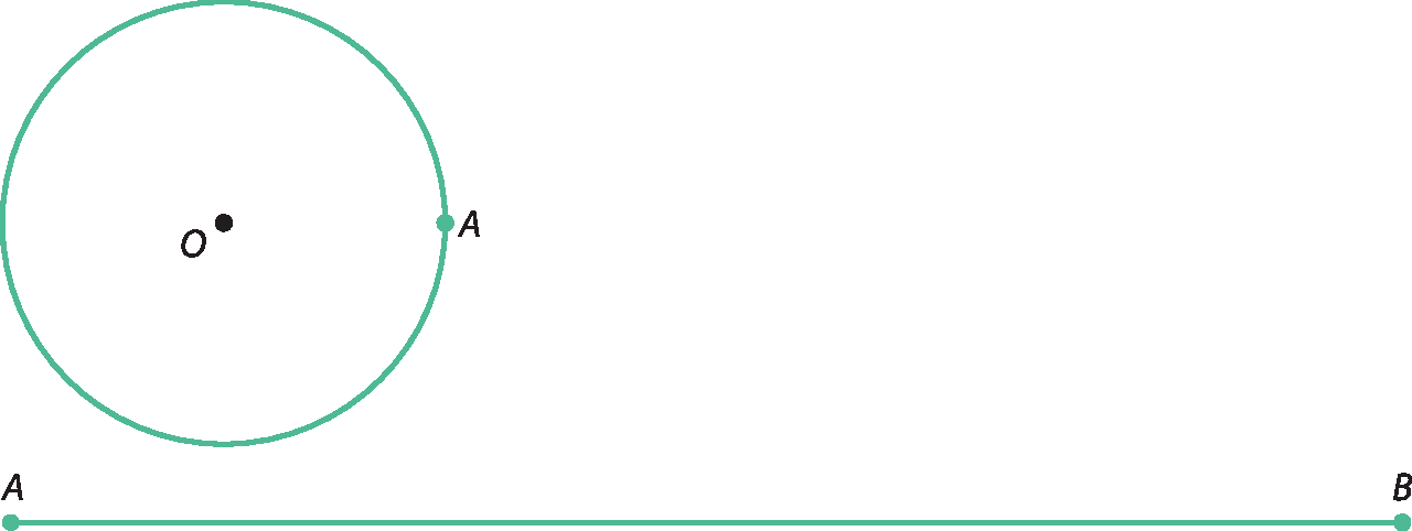 Ilustração. Circunferência de centro O. À direita, sobre a circunferência, ponto A. 
Abaixo da circunferência, segmento de reta AB.