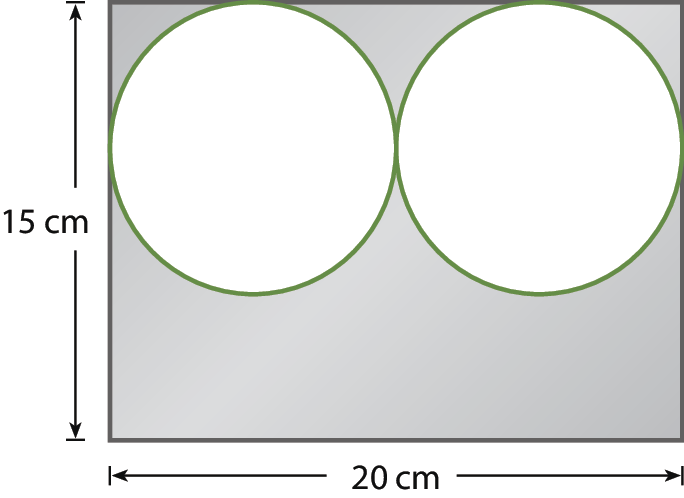 Ilustração. Retângulo medindo 15 centímetros por 20 centímetros. Dentro, na metade superior, duas circunferências que se tangenciam.