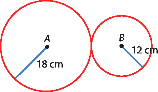 Ilustração. Circunferência com centro A e raio de medida 18 centímetros. Tangente exterior a ela, circunferência menor de centro B e raio de medida 12 centímetros.