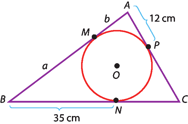 lustração. Circunferência de centro O inscrita no triângulo ABC. A circunferência tangencia o triângulo nos pontos M, N e P. O segmento BN mede 35 centímetros, o segmento AP mede 12 centímetros, o segmento AM mede b e o segmento BM mede a.