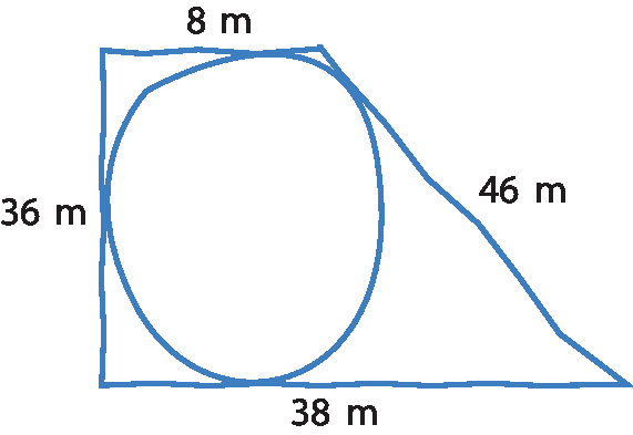 Ilustração. Quadrilátero com medidas: 8 metros, 36 metros, 46 metros e 38 metros. Dentro, circunferência.