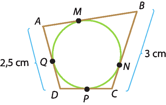 Ilustração. Quadrilátero ABCD com circunferência dentro. Acima, ponto A. À direita, ponto N. Abaixo, ponto P e À esquerda, ponto Q. A medida AD é 2,5 centímetros. A medida BC é 3 centímetros.