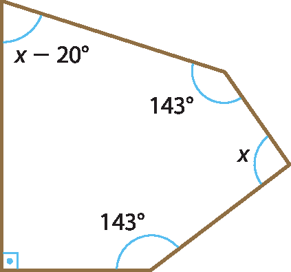 Ilustração.  Quadrilátero com ângulos internos:  x menos 20 graus, 143 graus, x, 143 graus e 90 graus.