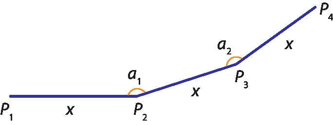 Ilustração.  3 segmento consecutivos com as medidas:  P1 a P2: x.  P2 a P3: x.  P3 a P4: x.  Em P2, ângulo a 1.  Em P 3, ângulo a 2.
