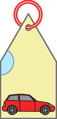 Ilustração.  Crachá em formato de pentágono. Na parte inferior, carro vermelho. Acima, argola.  O pentágono é composto de um quadrado e de um triângulo equilátero.