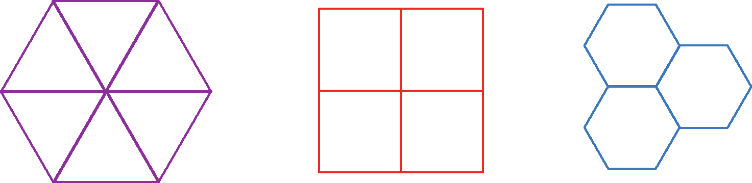 Ilustração. 5 triângulos conectados formando um hexágono. Ilustração. Quadrado dividido em 4 partes. Ilustração. 3 hexágonos conectados.