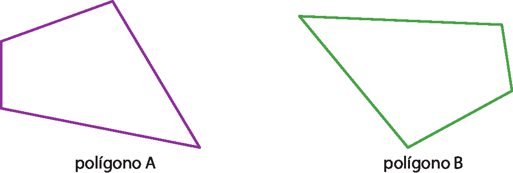 Ilustração. Polígono roxo de 4 lados diferentes. Ilustração. Polígono verde com 4 lados diferentes.