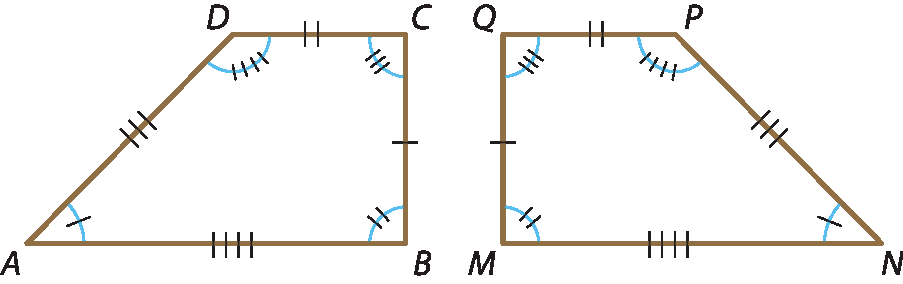 Ilustração.   Trapézio ABCD.   Ao lado, trapézio MNPQ.   Marcações indicam que  ângulo A congruente ao ângulo N ângulo B congruente ao ângulo M ângulo C congruente ao ângulo Q ângulo D congruente ao ângulo P  segmento A B congruente ao segmento M N segmento B C congruente ao segmento M Q segmento C D congruente ao segmento Q P segmento D A congruente ao segmento P N