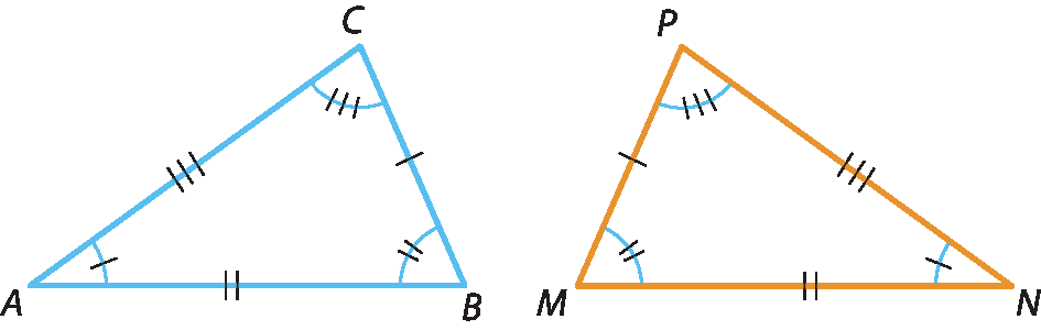 Ilustração.  Triângulo ABC.  Ao lado, triângulo MNP.   Marcações indicam que?  Ângulo A congruente ao ângulo N Ângulo B congruente ao ângulo M Ângulo C congruente ao ângulo P  Segmento A B congruente ao segmento M N Segmento B C congruente ao segmento M P Segmento C A congruente ao segmento P N.